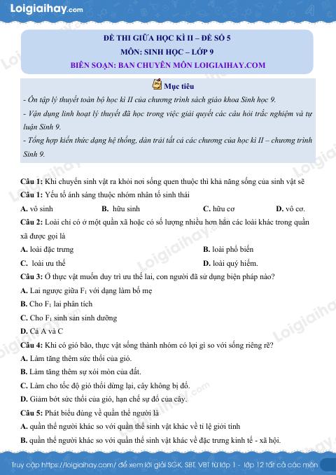 Đề kiểm tra giữa kì 2 Sinh 9 - Đề số 5 có lời giải chi tiết